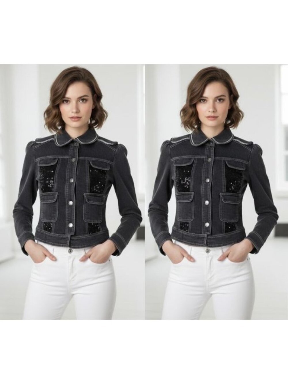 Size M Women's Black boho Denim fitted Jacket 4 pockets beaded balloon sleeves